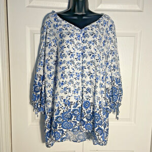 Suzanne Betro Weekend Shirt Women 3X White Blue Floral Boho Button Up Whimsey